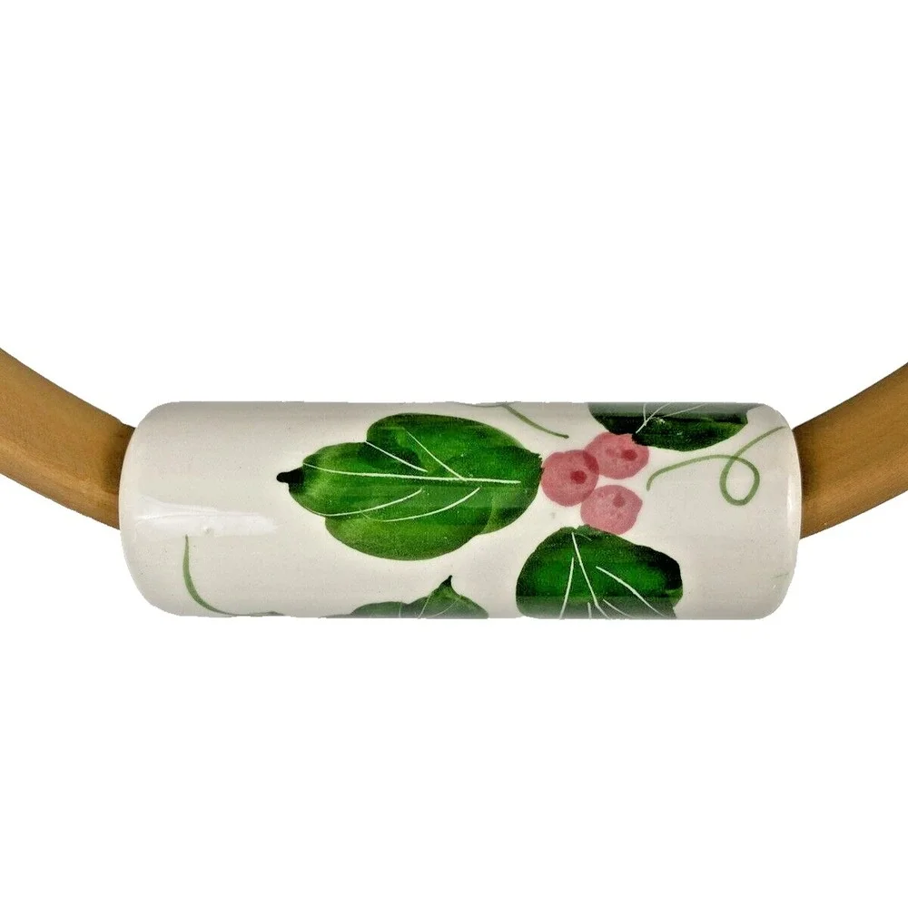 Wooden Woven Holiday Christmas Oval Baskets Porcelain Handle & Holly Leaves NEW